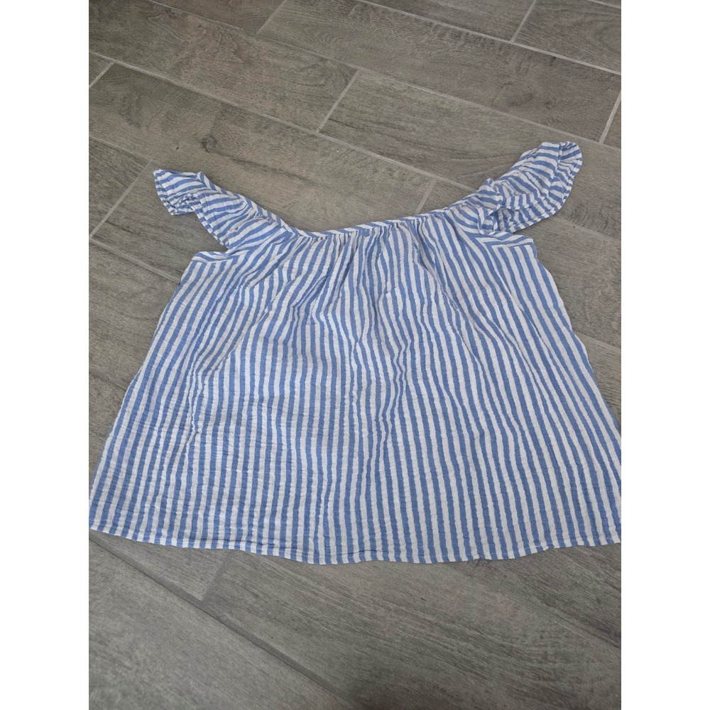 Vineyard Vines Blue White Striped Ruffle Off Shoulder Top‎ Womens Large Gauze